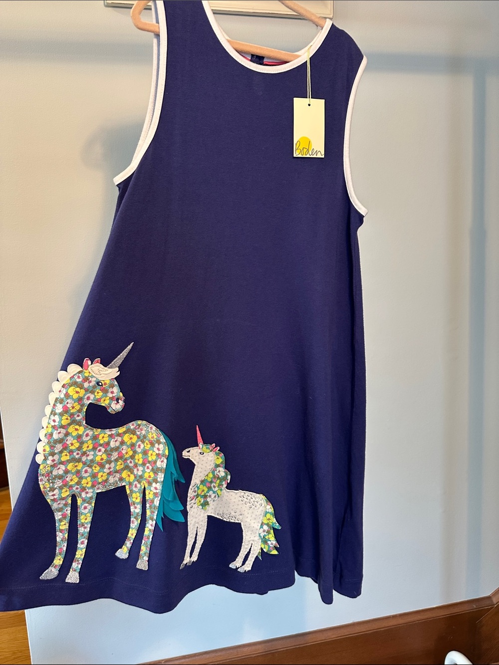 Mini Boden Navy Sleeveless Dress with Floral Unicorn Appliqués